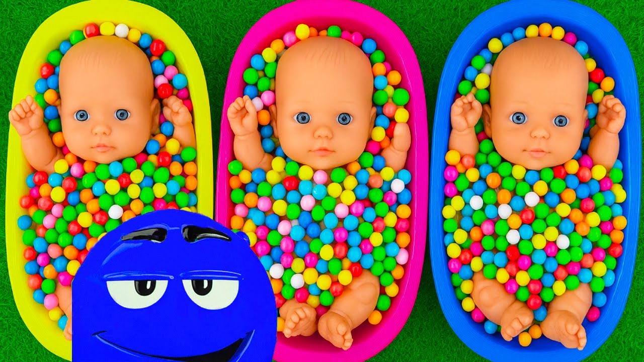 Full of 3 Rainbow BathTubs Candy with M&M's & Magic Slime Cutting Video img